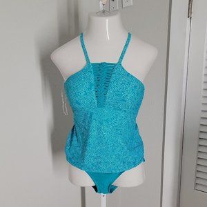 Catalina 2 Piece Classy Halter Tankini Top & Bottom Set ~ Teal & White ~ Sz S